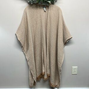 Aerie Knit Tan and Off White Striped Fringe Oversized Open Cardigan Wrap Ruana